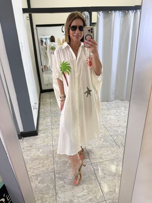 Lt Blue Or Beige Embroidered Palm Tree Dress