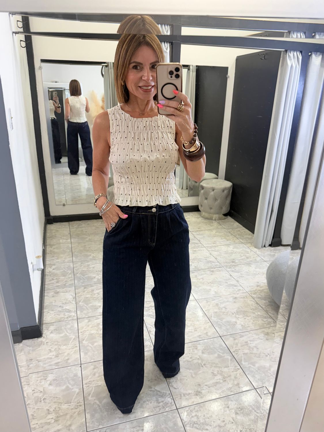 Ivory Polka Dots Detail Stretch Top