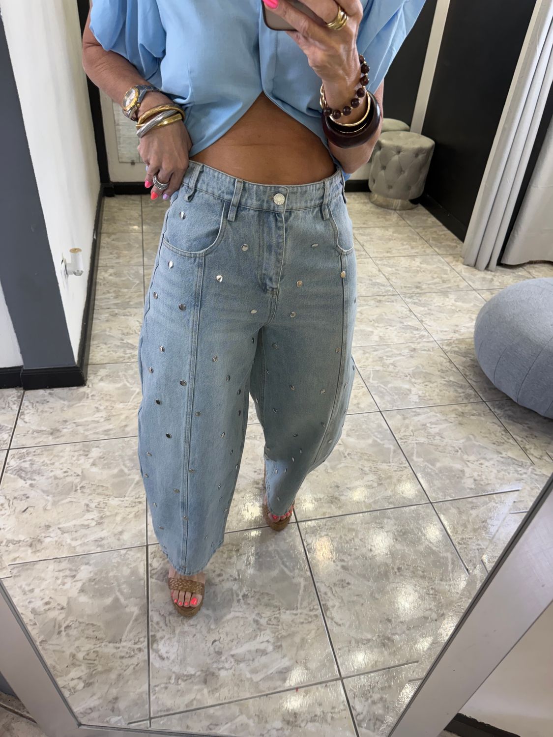 Light Denim Stud Pants