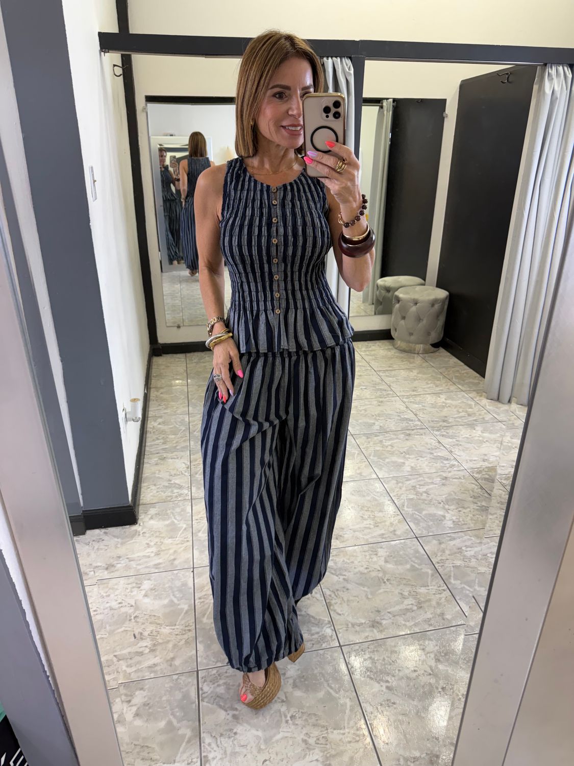 Navy Stripped Smoked Top And Wide Leg Pants