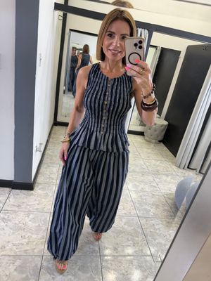 Navy Stripped Smoked Top And Wide Leg Pants