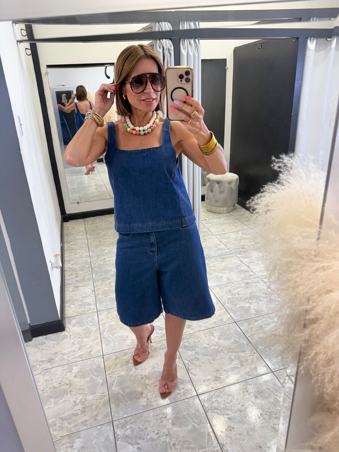 Dark Denim Sleeveless Top And Bermuda Pants