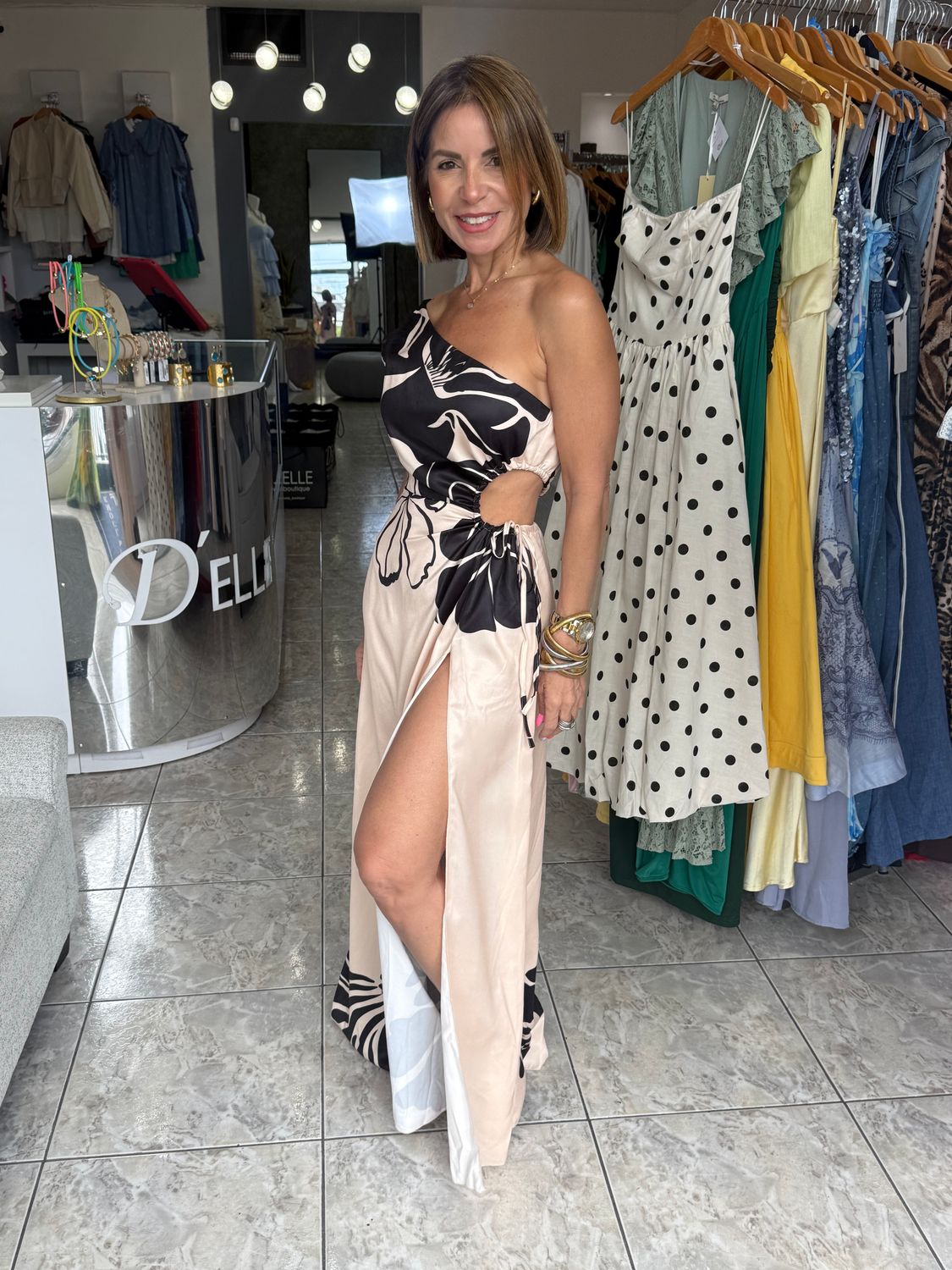 Black/Beige Printed One Shoulder Dress