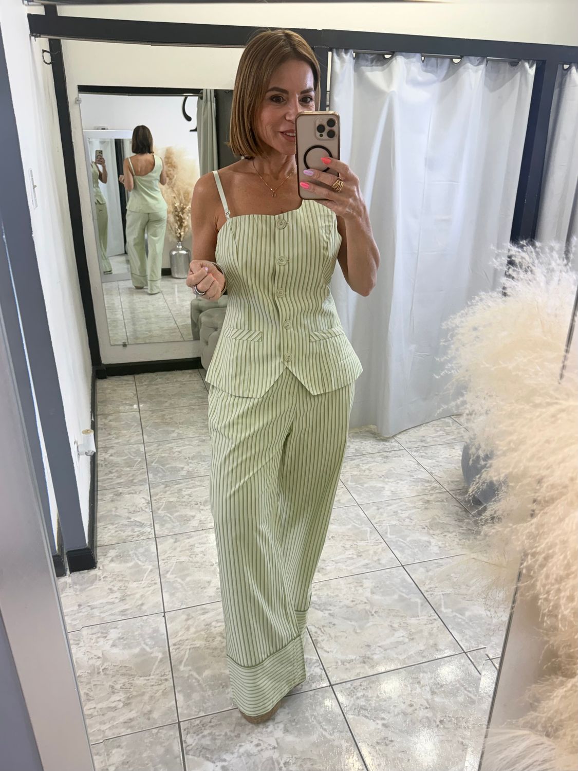 Sage Stripes One Shoulder Top And Pants Set