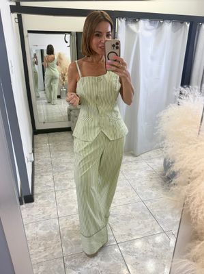Sage Stripes One Shoulder Top And Pants Set