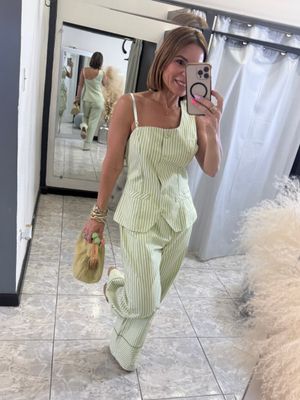 Sage Stripes One Shoulder Top And Pants Set