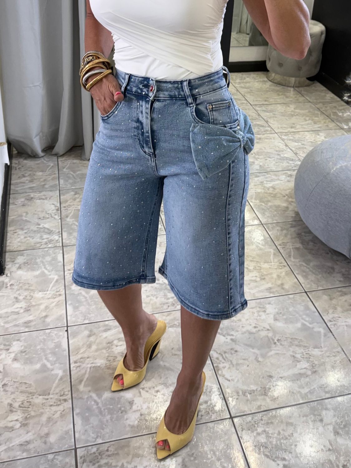 Blue Embellished Denim Bermuda Shorts