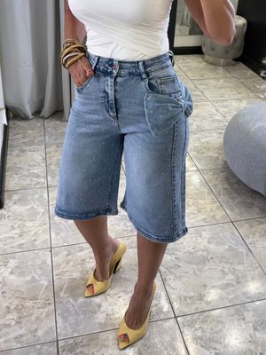Blue Embellished Denim Bermuda Shorts