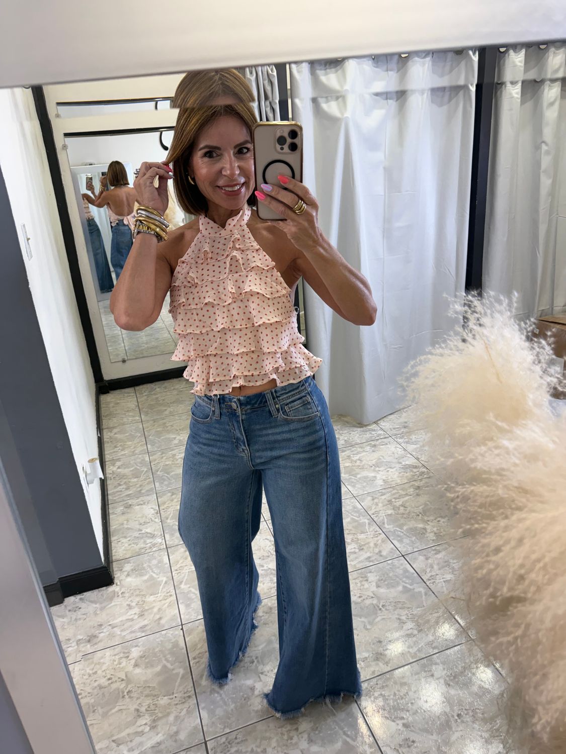 Soft Pink Orange Polka Dots Detail Top