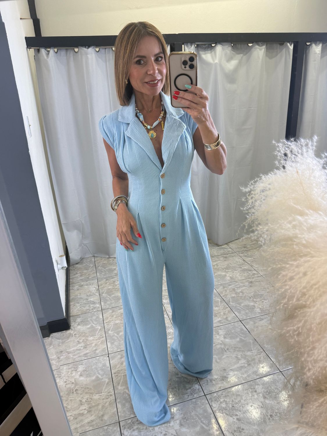 Lt. Blue Ribbed Knit Jumpsuit
