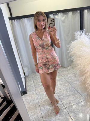 Pink Floral Button Vest And Mini Skirt Set