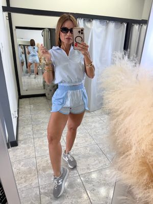 Blue/White Striped Casual Short Set