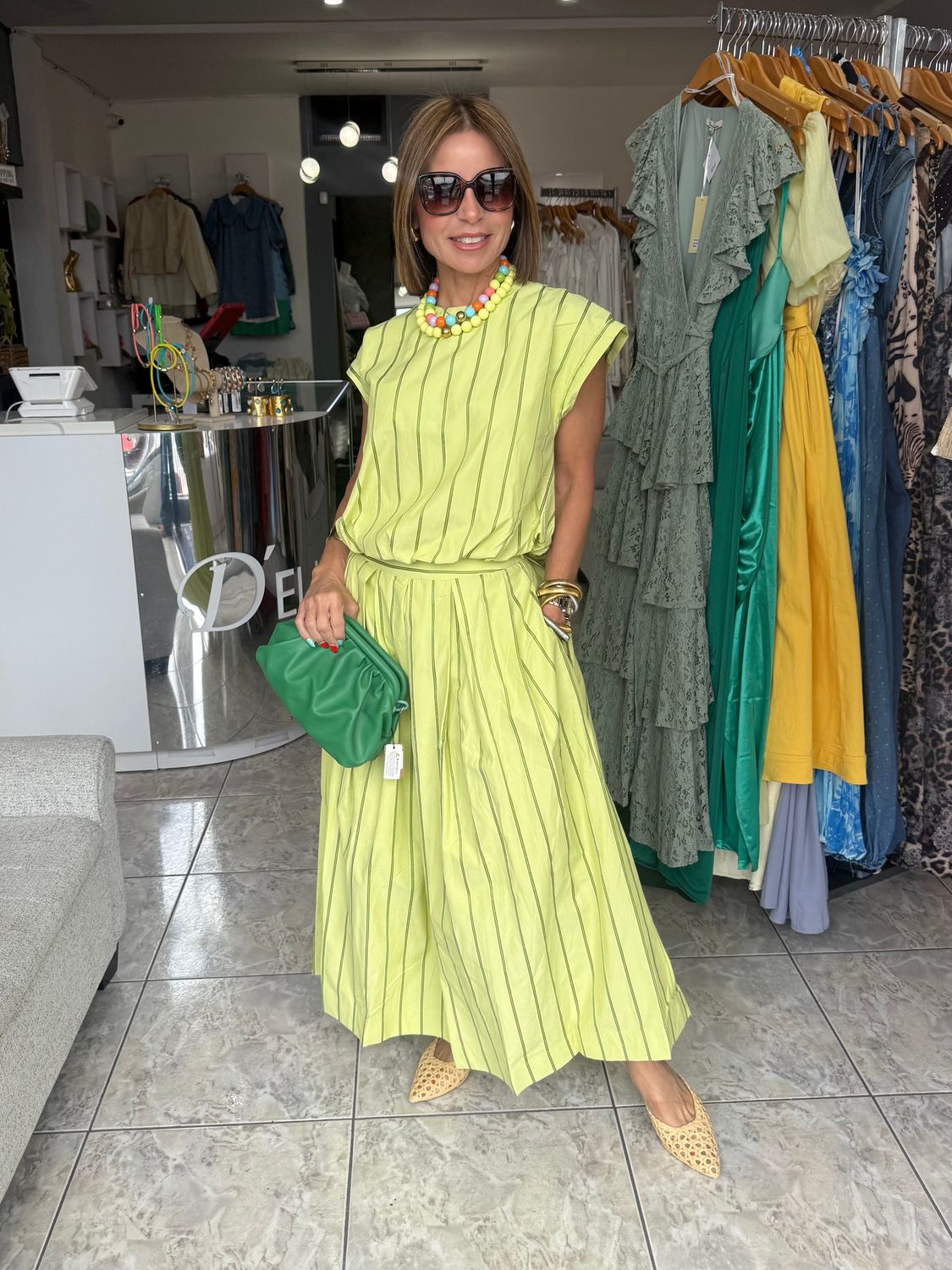 Green Two Tone Stripes Skirt Set