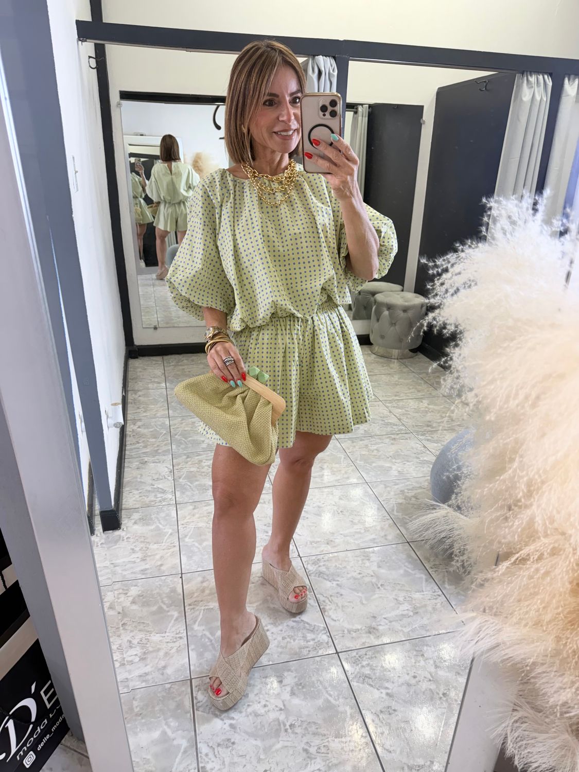 Butter Yellow Blue Polka Dots Detail Short Set