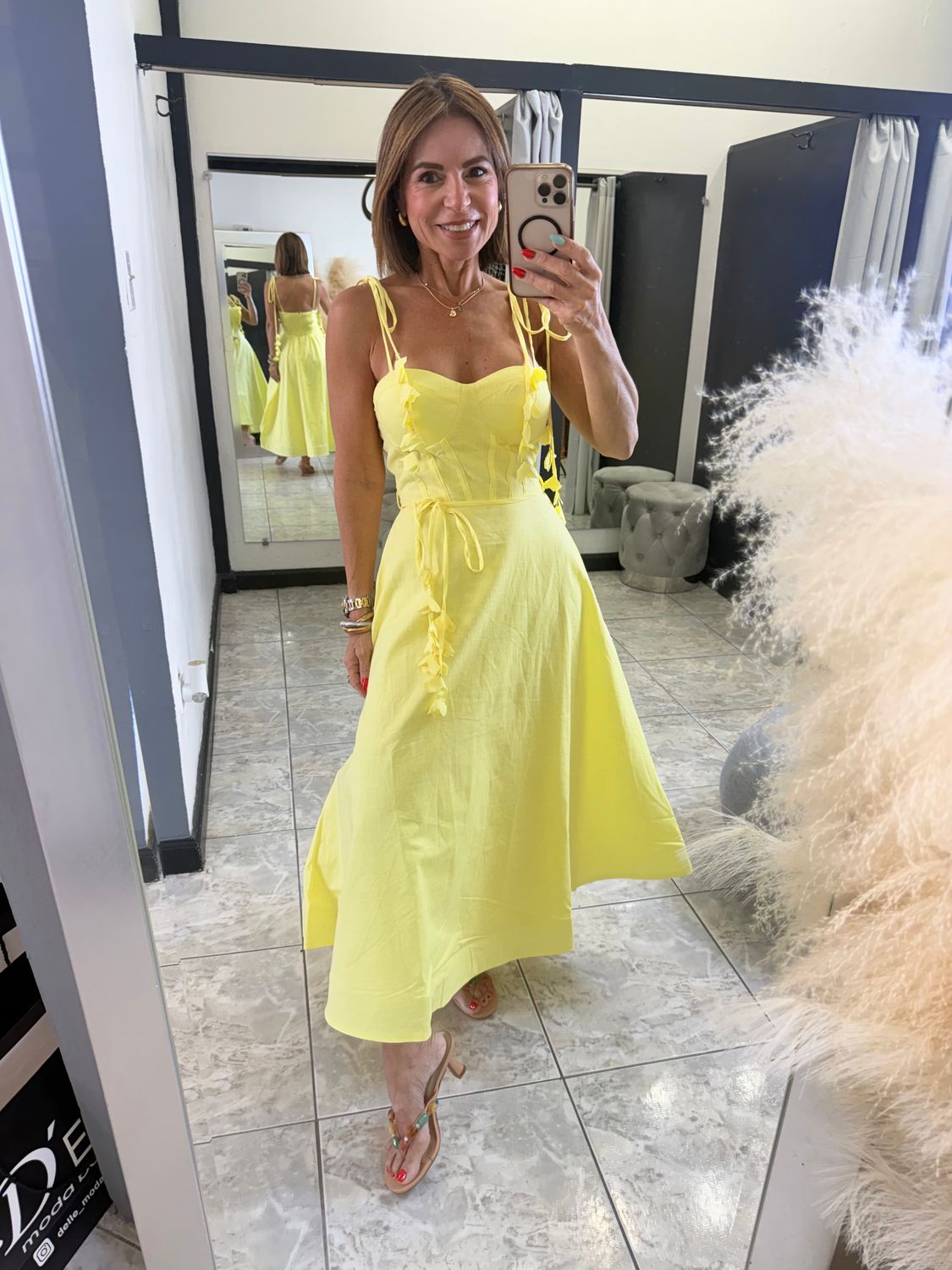 Yellow Bustier Shoulder Tie Midi Dress