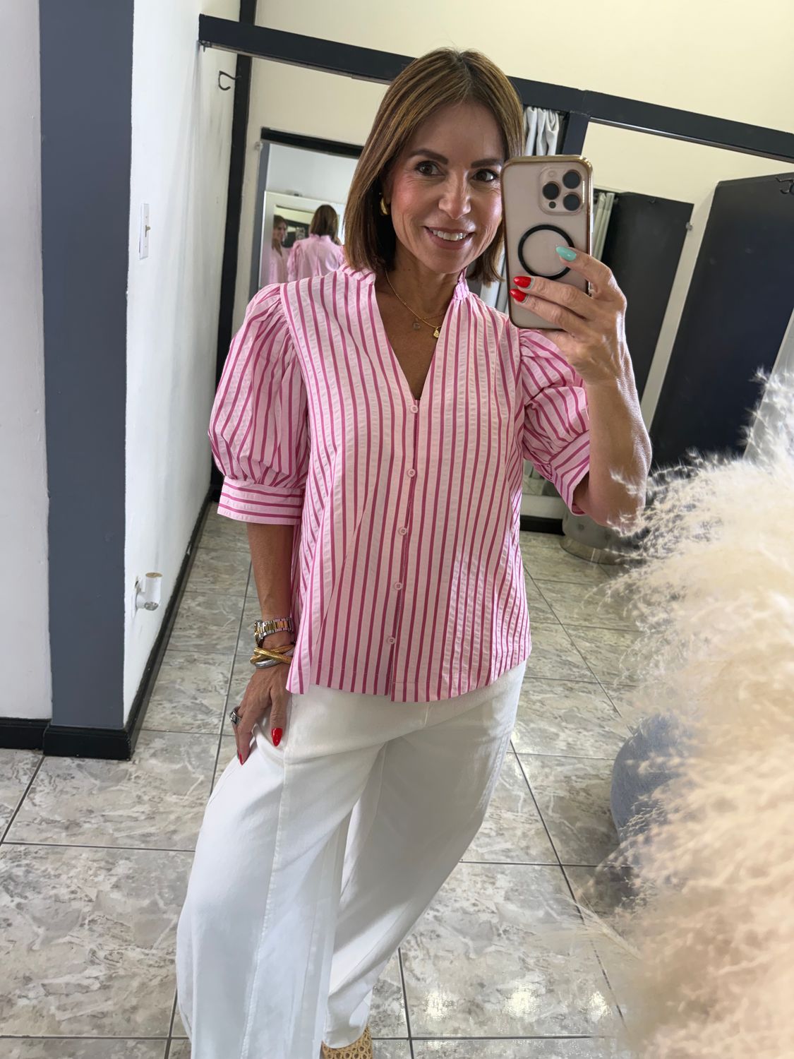 Pink On Pink Stripes Detail Blouse