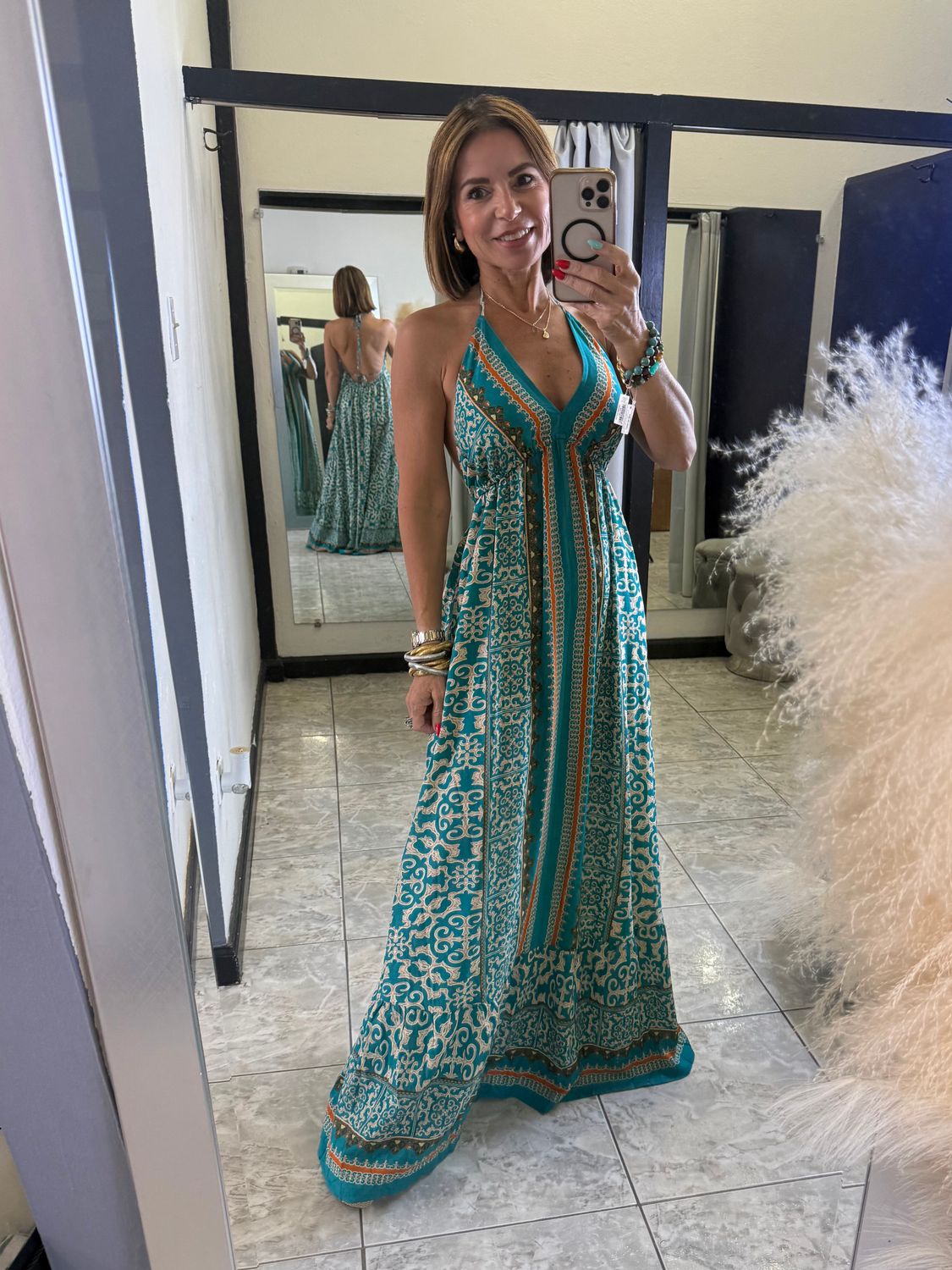 Teal Multi Printed V Neck Maxi Dress