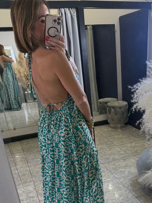 Teal Multi Printed V Neck Maxi Dress