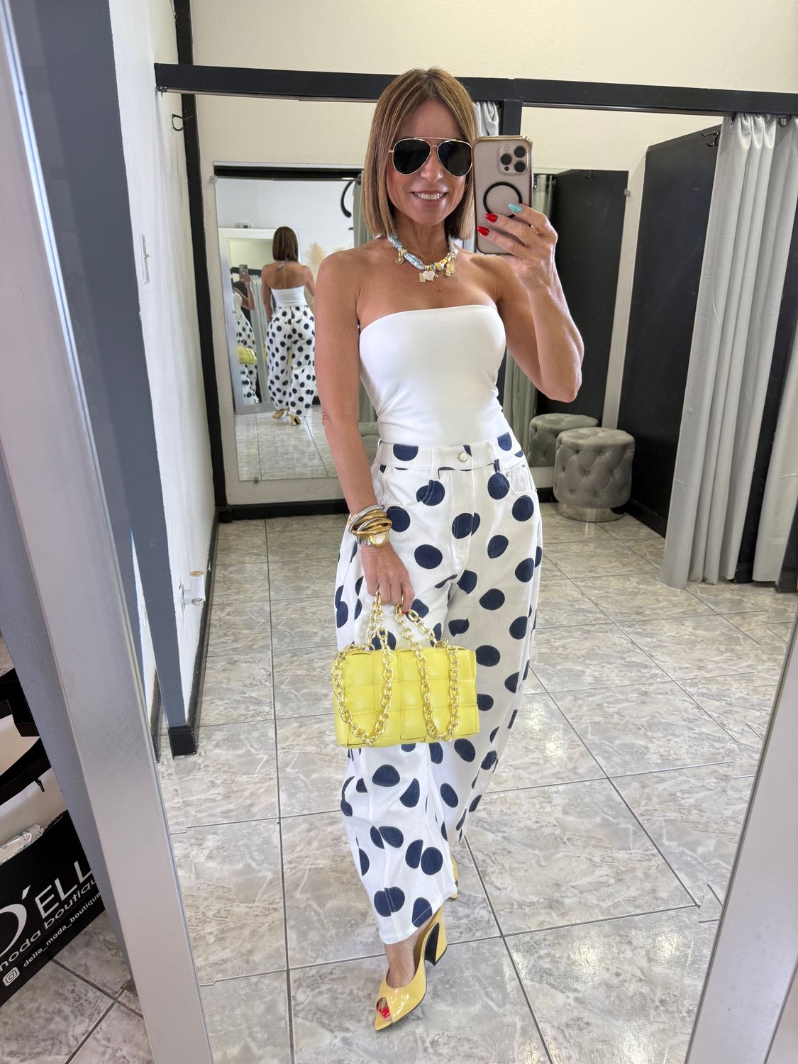 White Navy Polka Dots Detail Jean