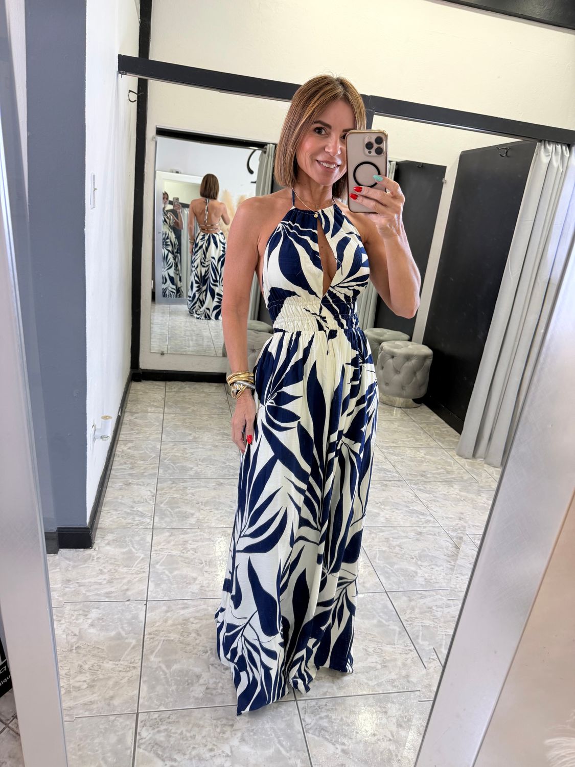 Navy Leaf V Neck Maxi Dress