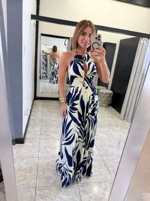 Navy Leaf V Neck Maxi Dress
