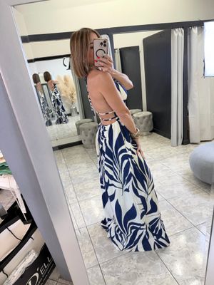 Navy Leaf V Neck Maxi Dress