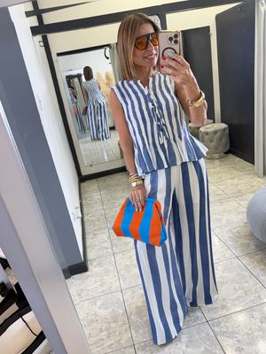 Blue Striped Tie Front Top And Pants Set