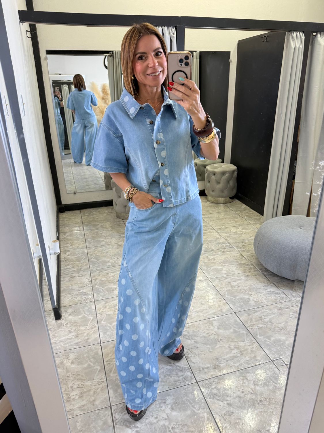 Blue Denim Polka Dots Detail Pant Set