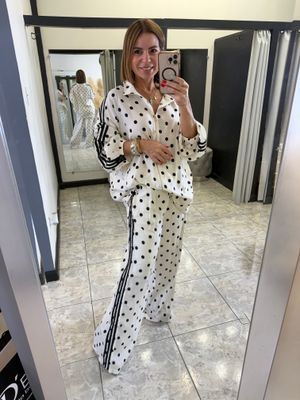 White Polka Dots Detail Pant Set