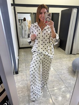 White Polka Dots Detail Pant Set