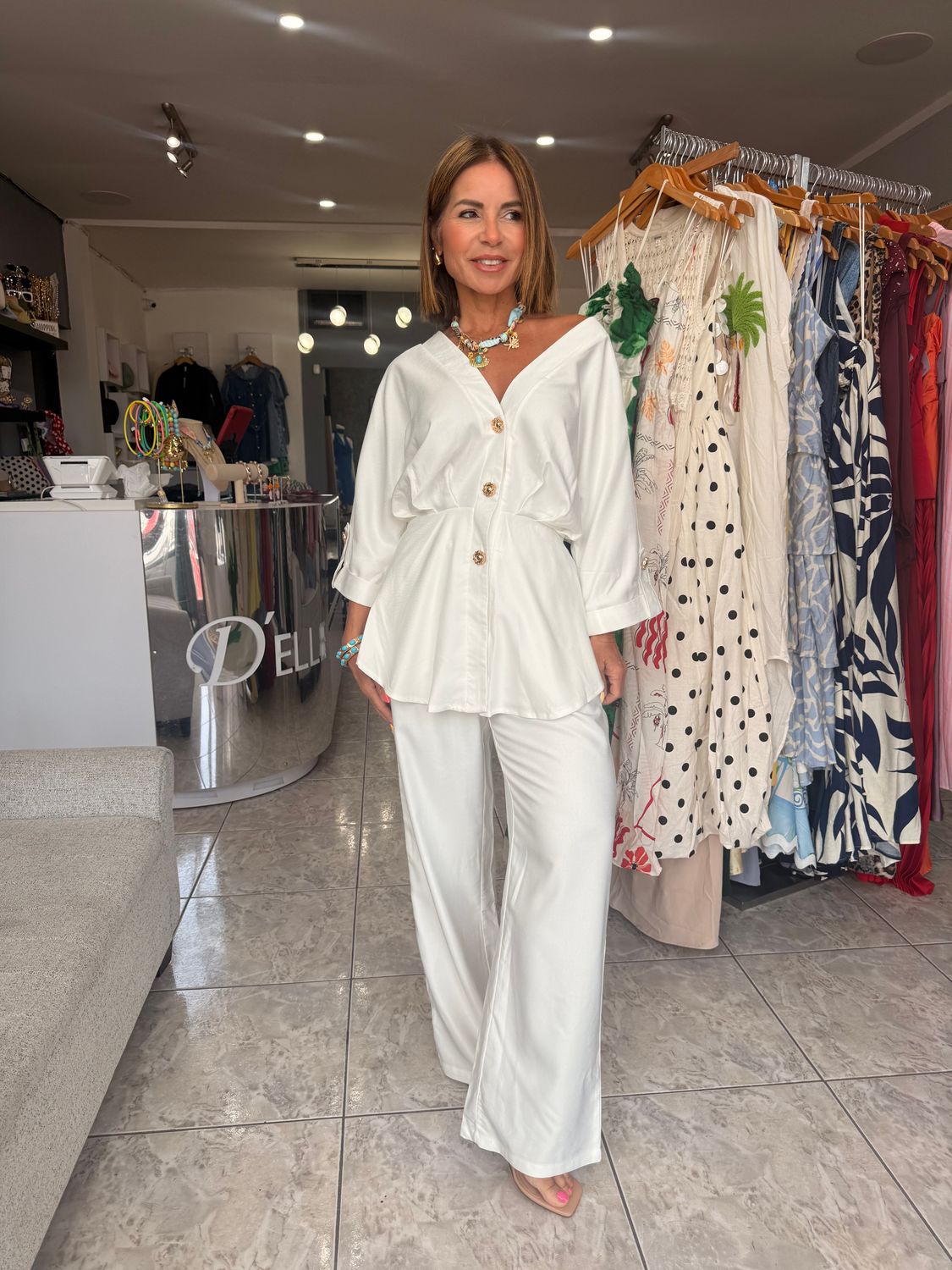White Gold Detail Pant Set