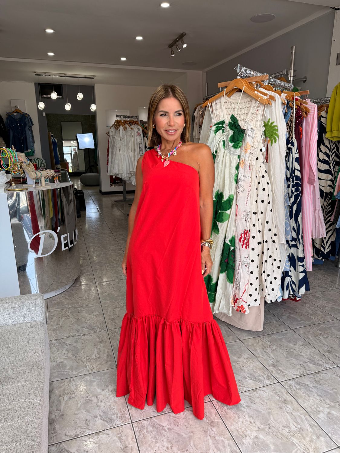 Red One shoulder Maxi Dress