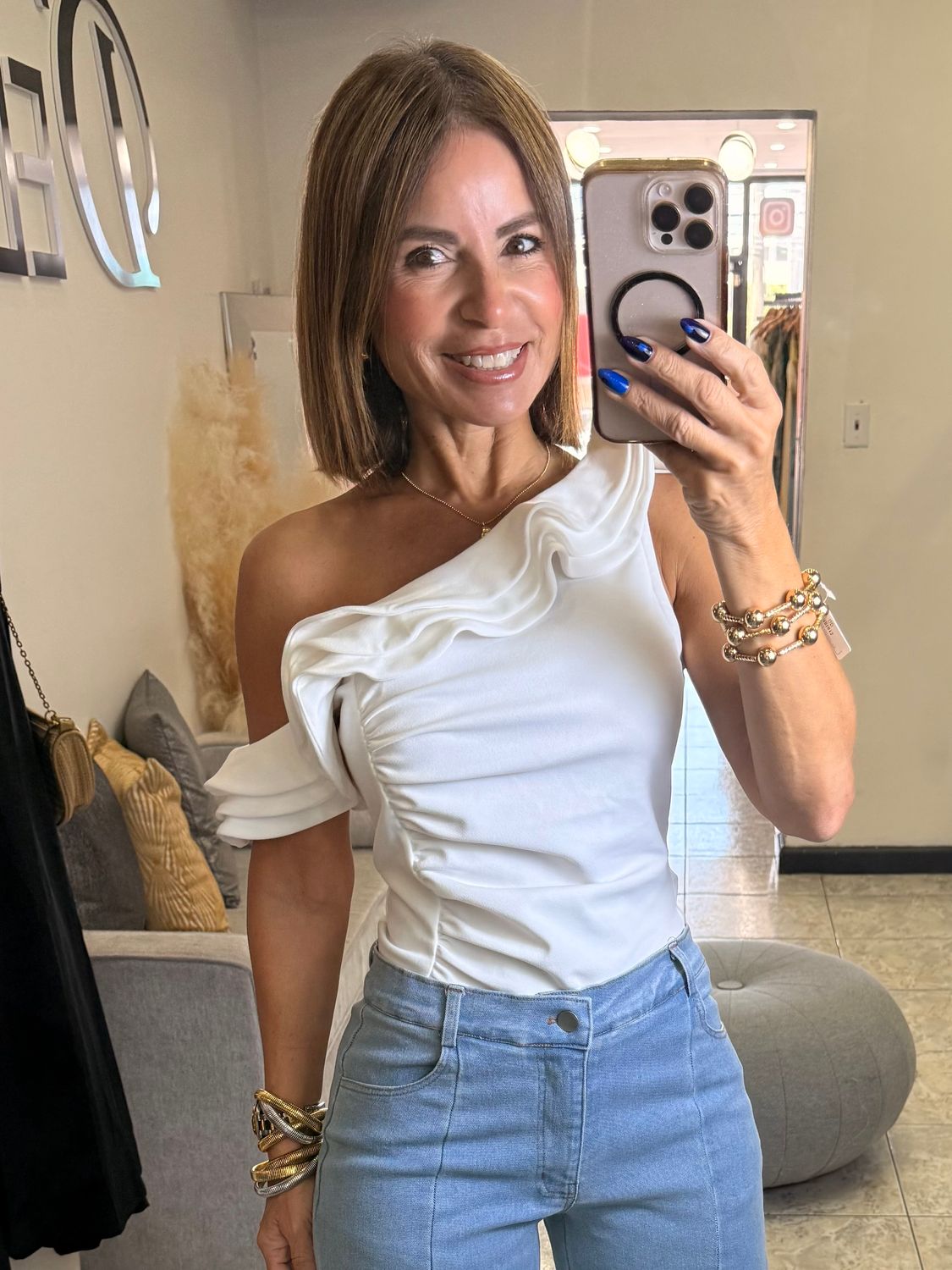 White Ruffle Detail Top