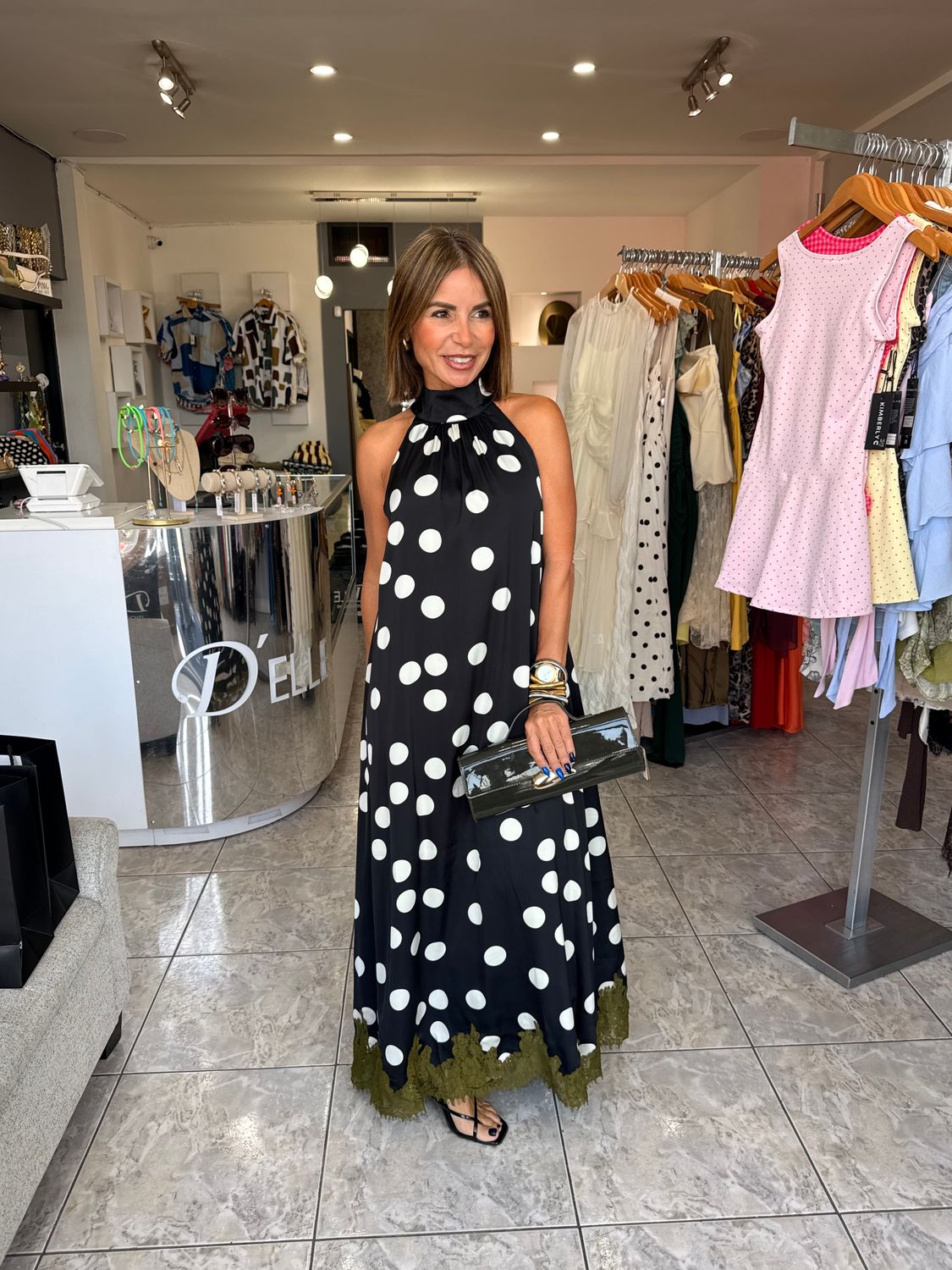 Black Polka Dots-Green Lace Detail Long Dress