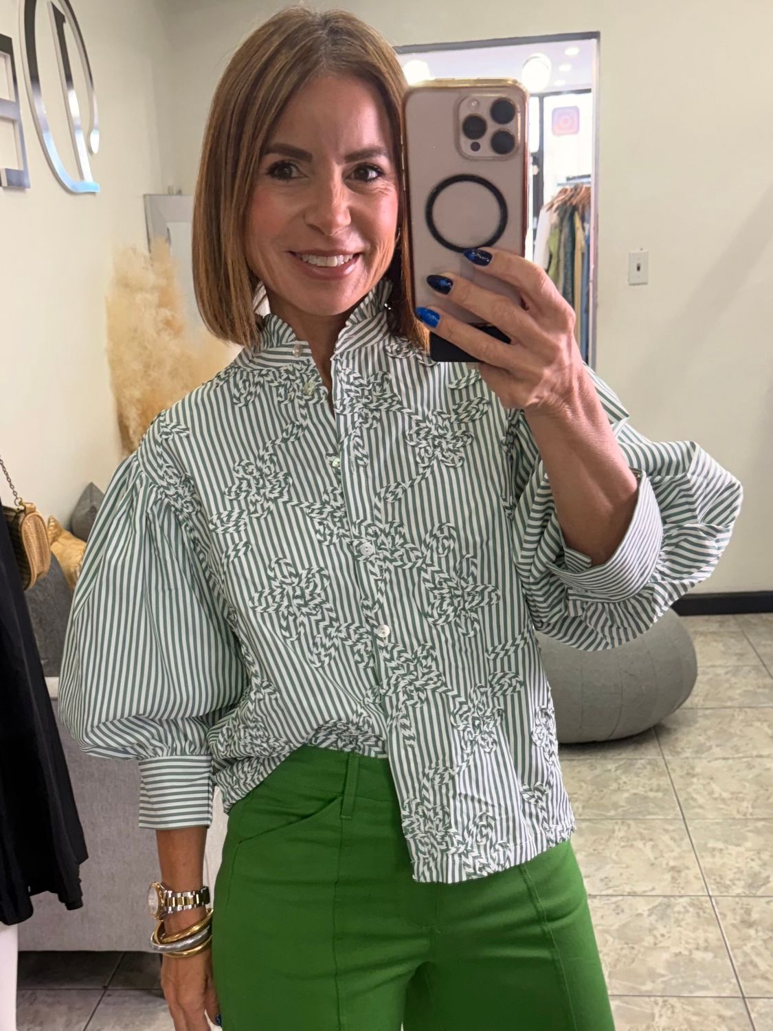 Green White Stripes Detail Blouse