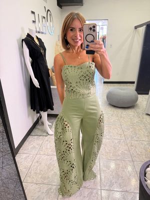 White Or Sage Eyelet Pant Set