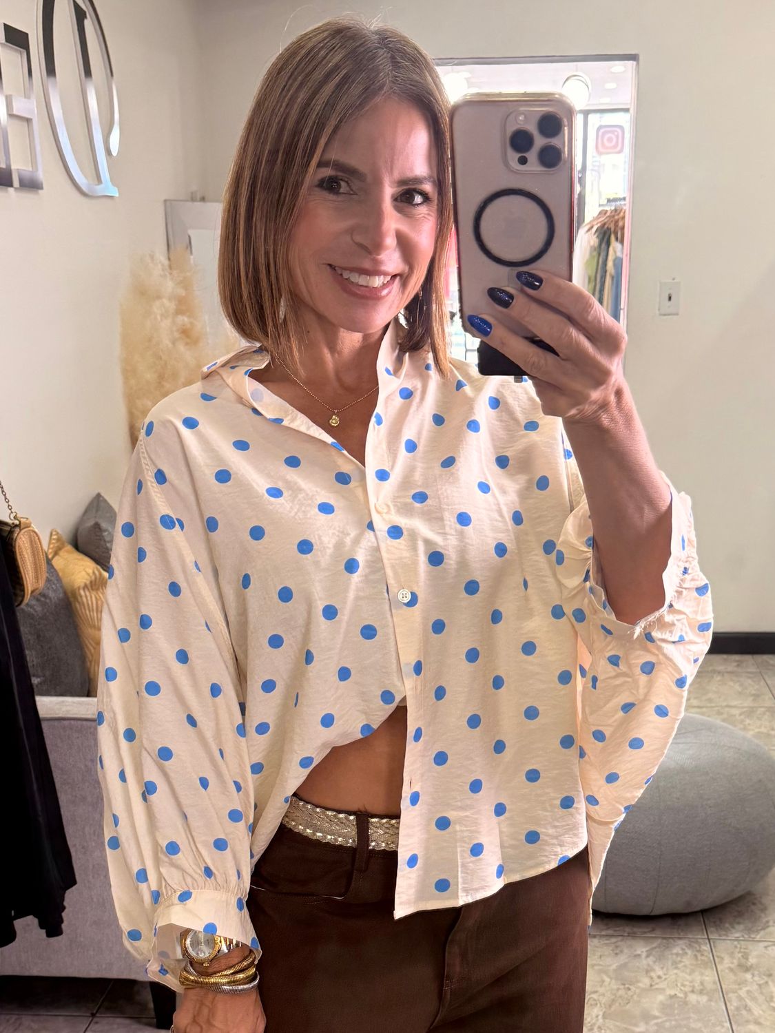 Cream Or Blue Polka Dots Top
