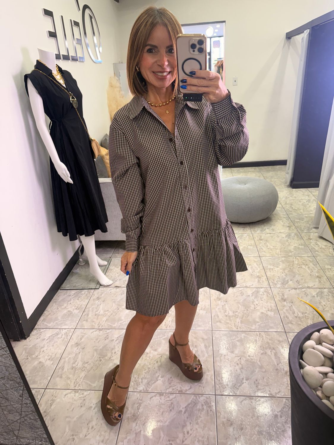 Choco Brown Gingham Short Dress
