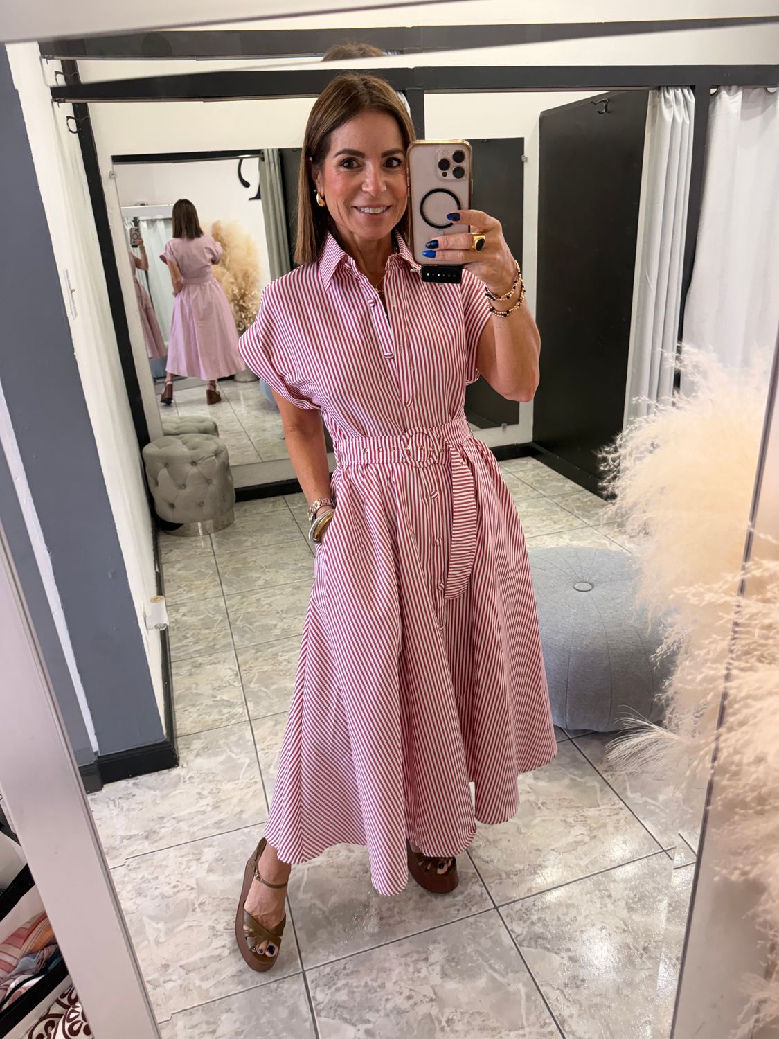 White-Red Stripes Midi Dress