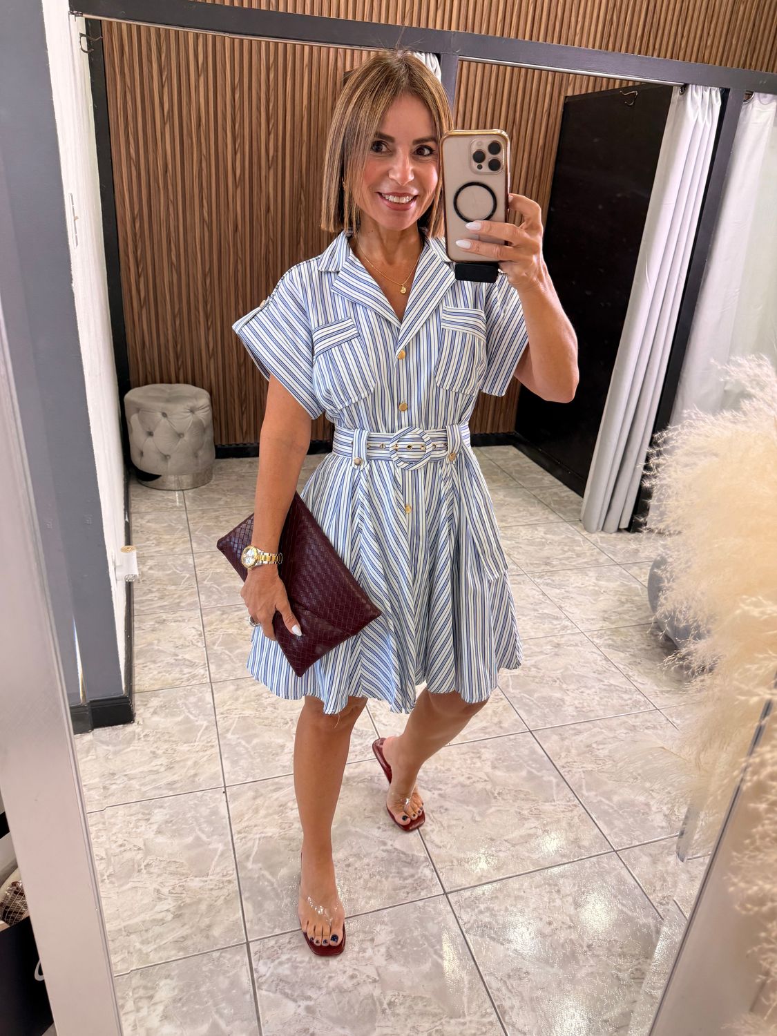 Blue Stripped Short Sleeves Mini Dress