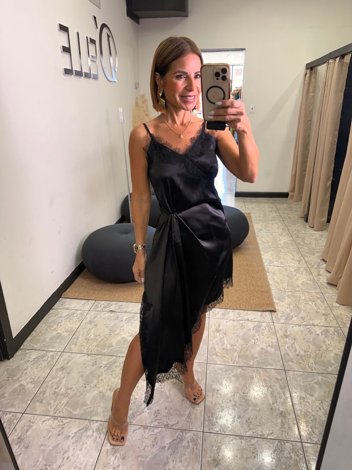 Black Satin Lace Detail Dress
