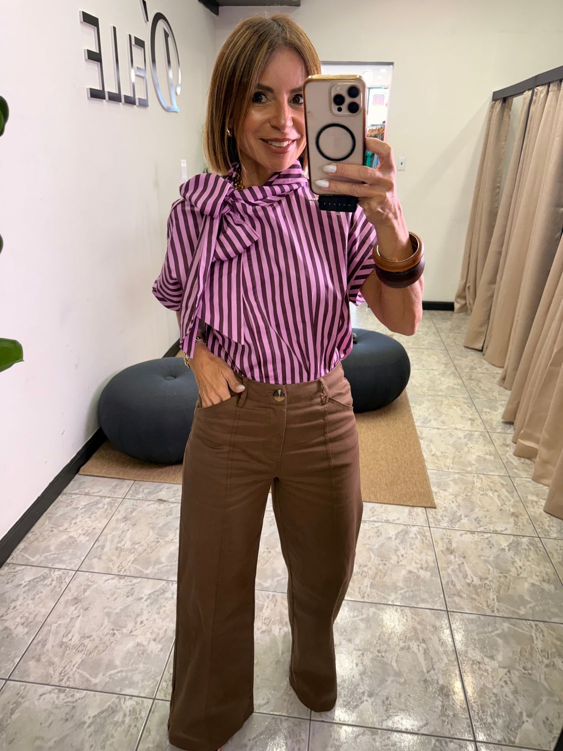 Pink, Orange Or Blue Stripes Bow Detaill Top