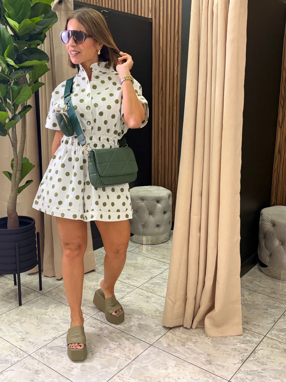 White/Olive Polka Dots Romper