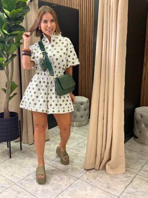 White/Olive Polka Dots Romper