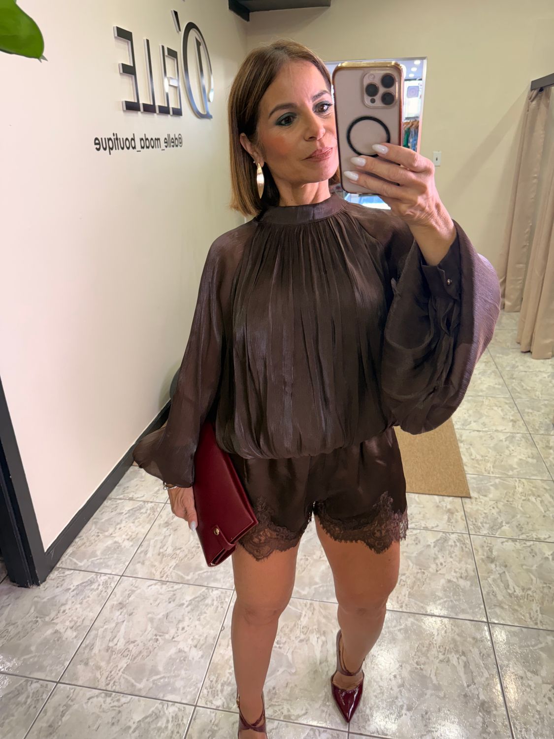 Coffee Long Sleeves Satin Top