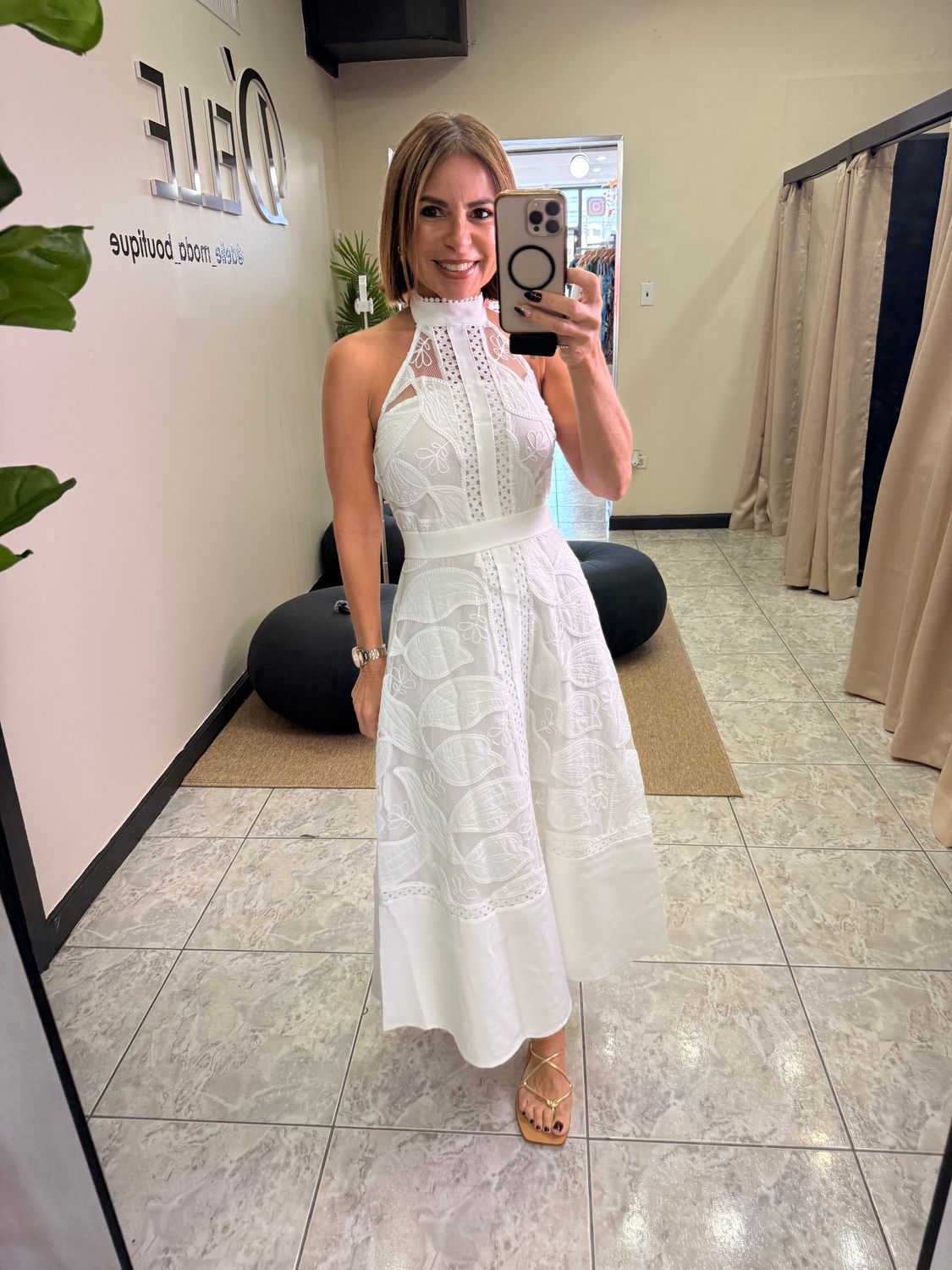 White Halter Eyelet Detail Midi Dress