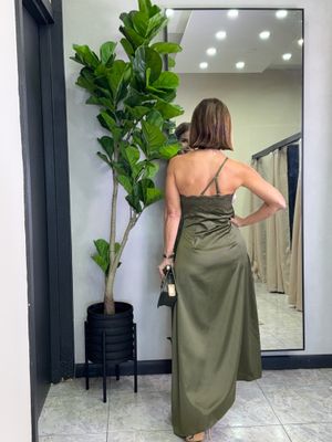 Olive Satin Lace Detail Dress