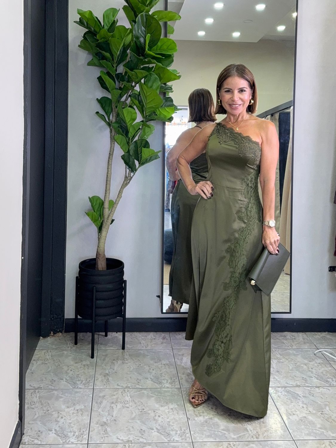 Olive Satin Lace Detail Dress