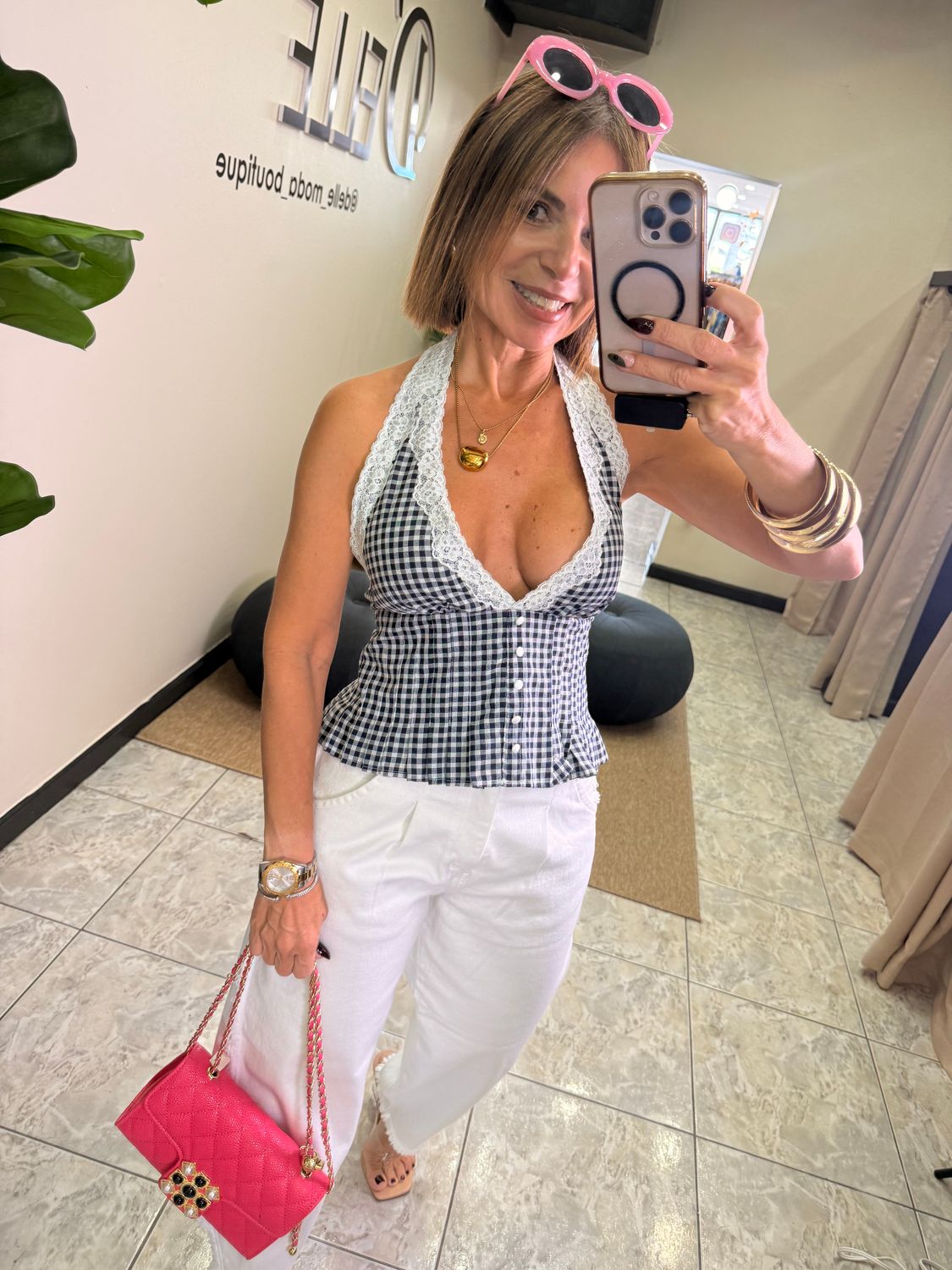 Navy Gingham Halter Top