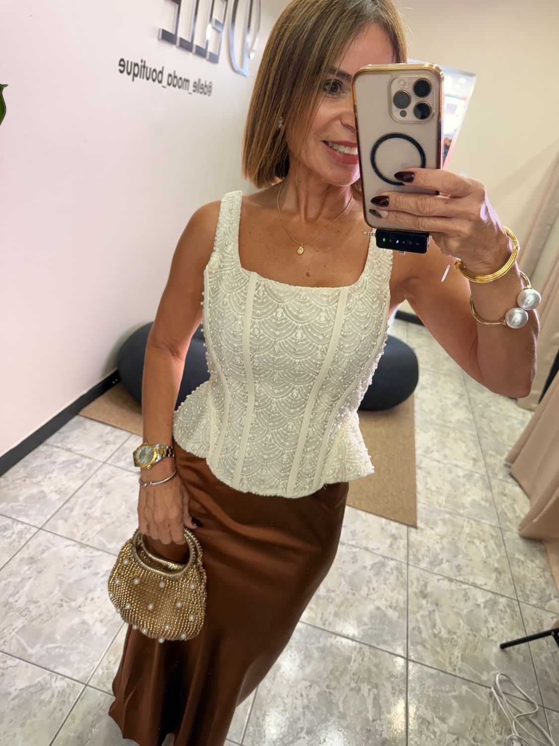 Beige, White Or Black Pearl Details Corset Top